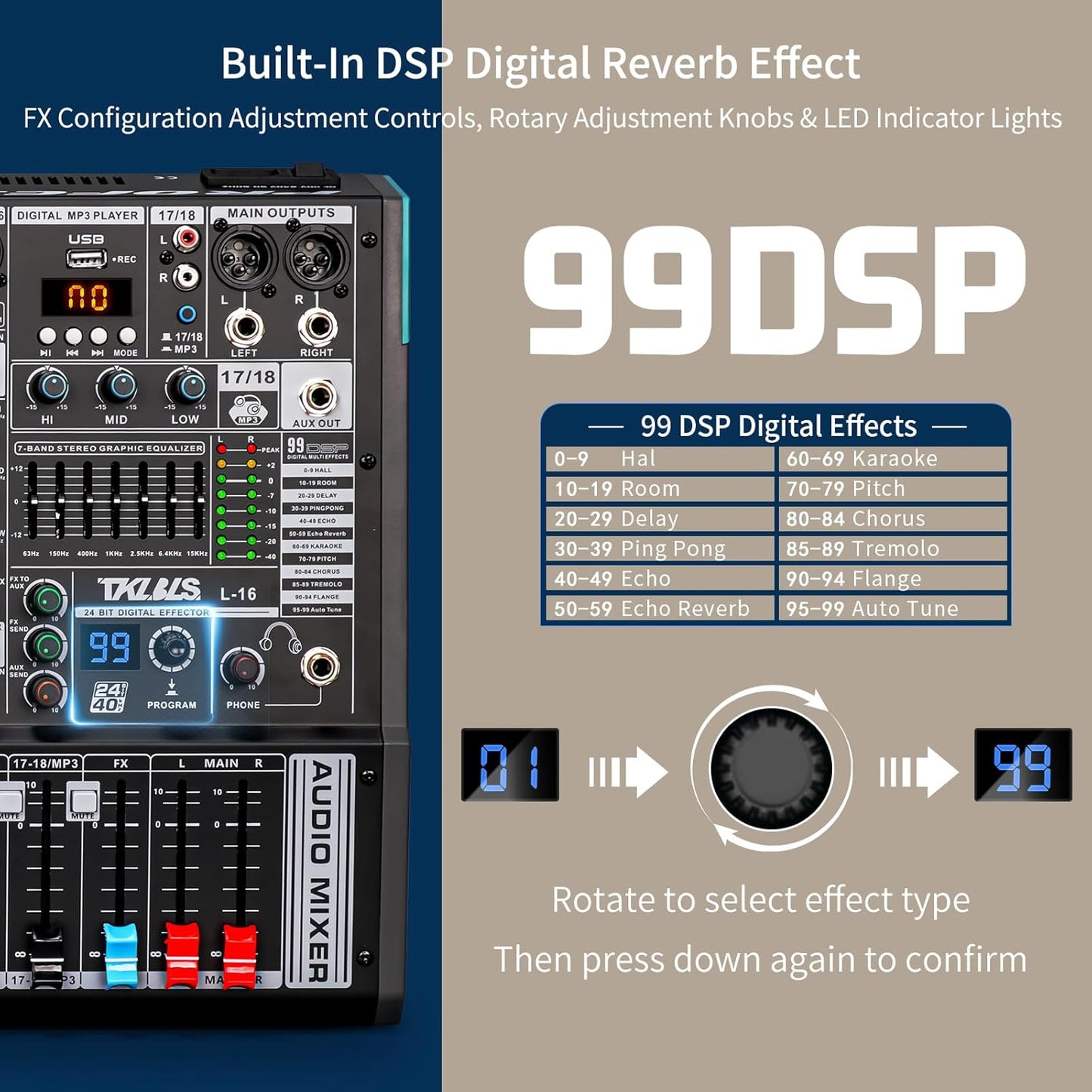 Audio Mixer, TKLBLS Professional 16 Channel DJ Mixer Board with 99-Bit DSP, Sound Board Mixing Console 7-Band EQ Output, USB Audio Interface, Bluetooth 48V Phantom Power For Karaoke Studio Streaming