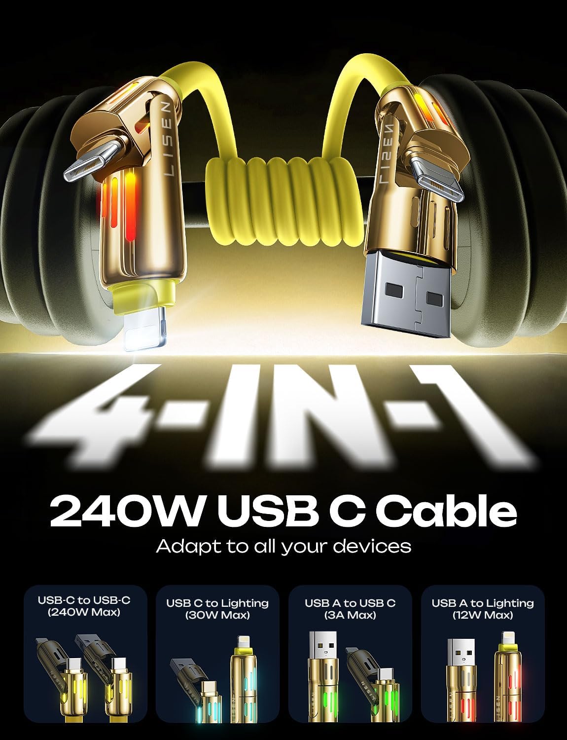 LISEN 6.6FT 240W 4-in-1 Multi Charging Cable, USB A/C to C/L, Yellow, for iPhone 16/15/14 Pro Max/MacBook/iPad Pro/Samsung Galaxy