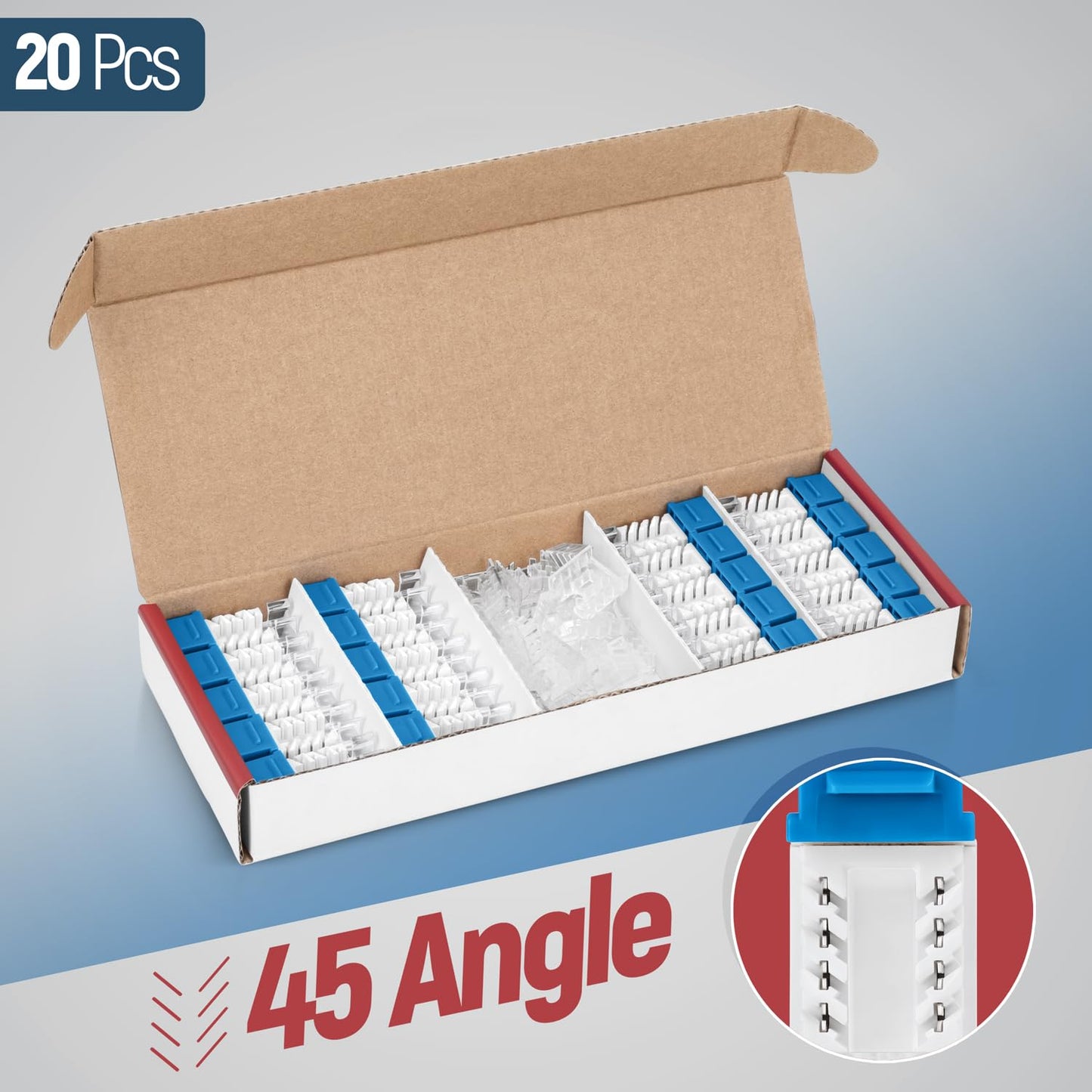 Everest 45° Angled RJ45 Cat6 Keystone Jacks 20-Pack in Blue - Slim Profile Female RJ45 Connectors - Cat 6 Keystone Jack - Compatible with 45° Angled Speed Termination Tool - 45Term (B0BL3GS7ZY)