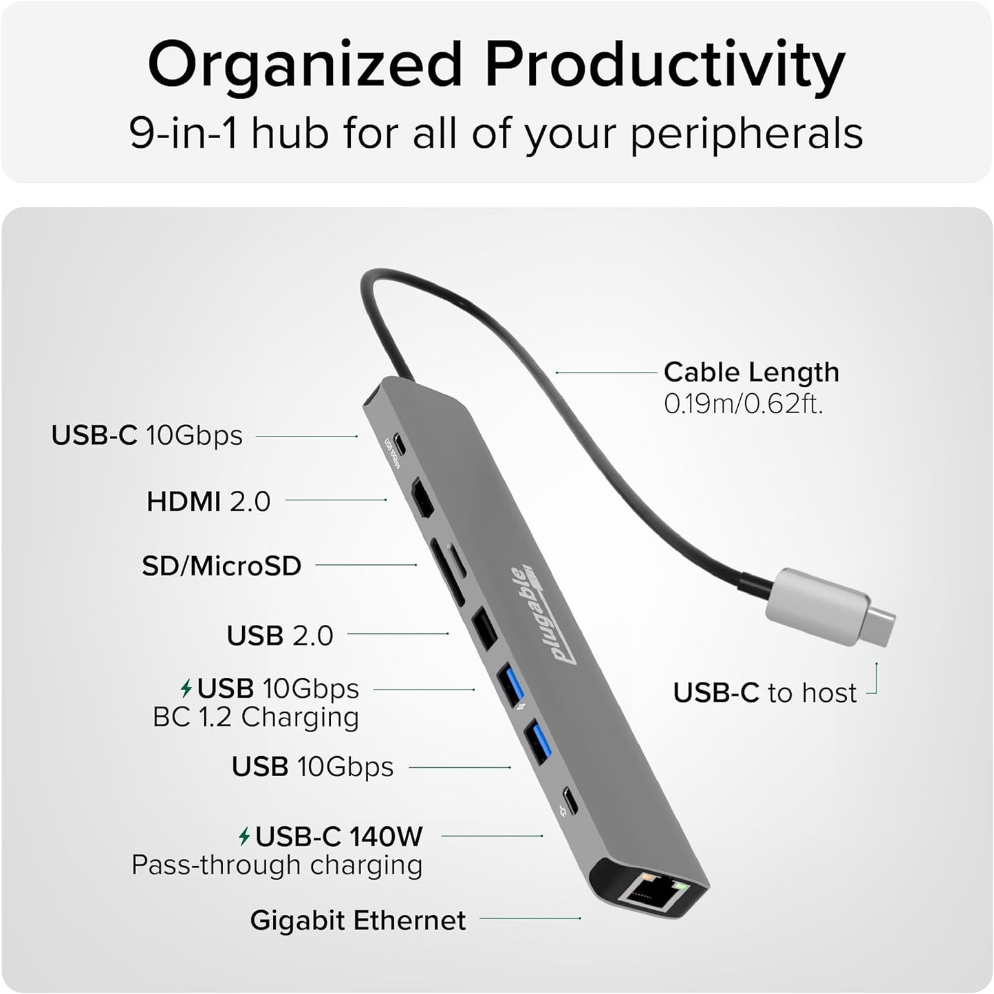 Plugable USB C Hub Multiport Adapter: 9-in-1 with 140W PD Charging, 4K 60Hz HDMI, 10Gbps Data Transfer, Gigabit Ethernet, SD, for USBC, USB4, Thunderbolt MacBook, Windows, Chromebook (USBC-9IN1E)