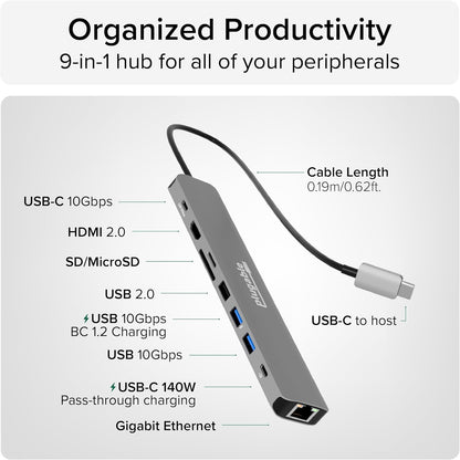 Plugable USB C Hub Multiport Adapter: 9-in-1 with 140W PD Charging, 4K 60Hz HDMI, 10Gbps Data Transfer, Gigabit Ethernet, SD, for USBC, USB4, Thunderbolt MacBook, Windows, Chromebook (USBC-9IN1E)