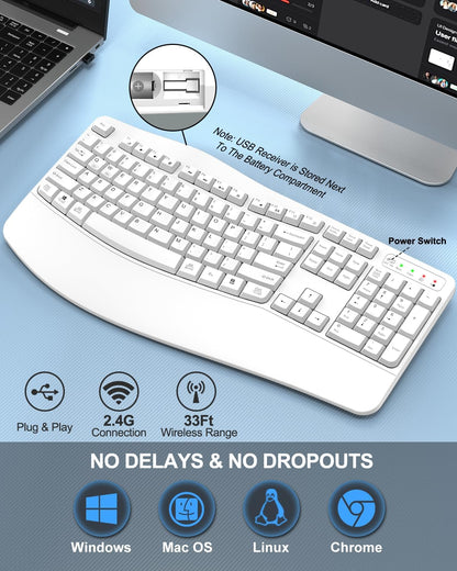 EDJO Ergonomic Wireless Keyboard for Large Hands, with Wrist Rest, Wave Keys, 2.4GHz Full Size Ergo Cordless USB Computer Keyboard, Comfortable Natural Typing, for Laptop, Mac, Windows (White)