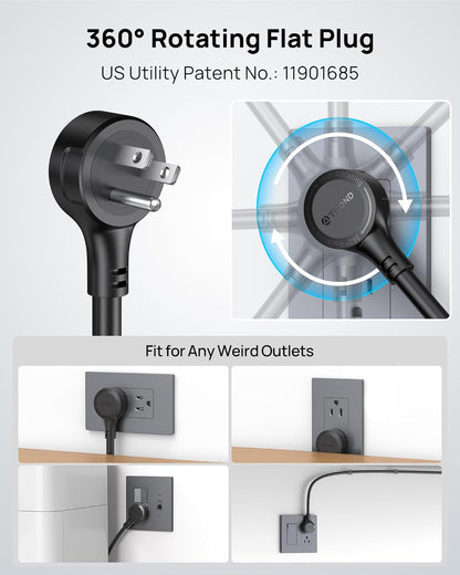 TROND Power Strip Surge Protector with 360° Rotating Flat Plug, 15ft Long Extension Cord, 4000J, ETL Listed, 10 Widely Spaced Outlets, 2 USB A and 2 USB C, Wall Mountable, for Home Office, Black