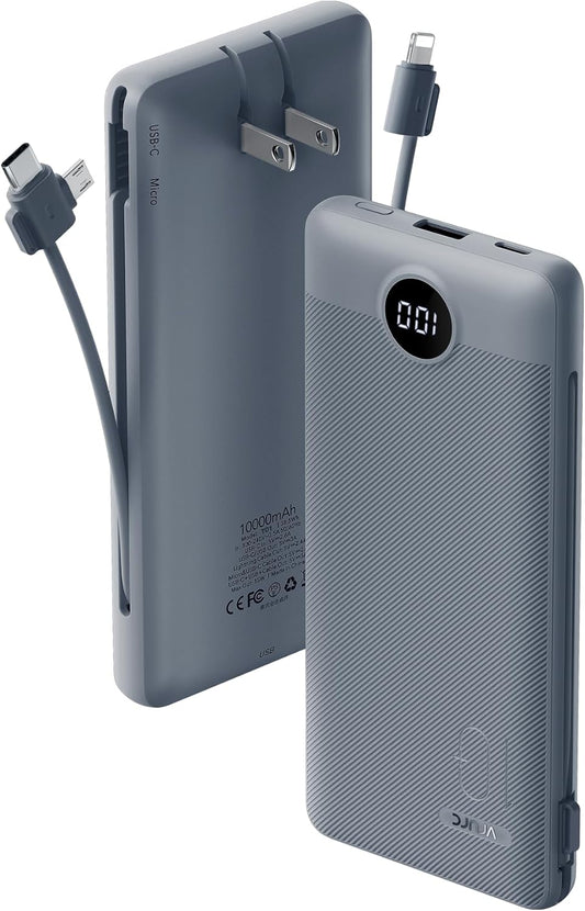 VRURC Portable Charger Built-in Cables and AC Wall Plug, USB C Power Bank 10000mAh, Travel Battery Portable Phone Charger Compact Lightweight External Battery Pack for Smart Phones, Tablets etc-Grey