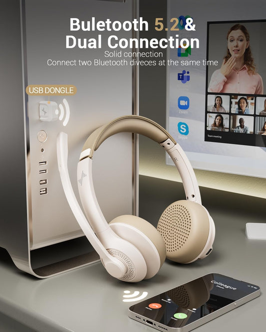 Wireless Headset with AI Noise Cancelling Microphone Bluetooth Headset - Bluetooth V5.2 Headphones with USB Dongle, Charging Base & Mic Mute for Computer/Laptop/PC/iPhone/Android/Cell Phones-White