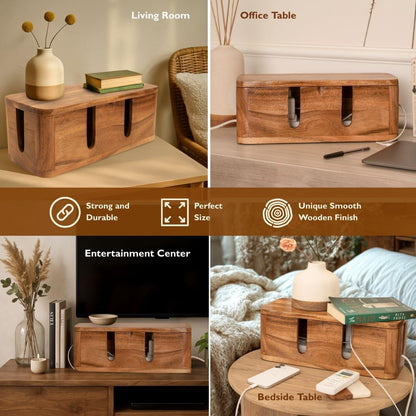 Cable Management Box & Cord Organizer- Cable Organizer for Desk, Home, Office. Hides Wires, Surge Protectors, Power Strips. Eco Friendly Mango Wood Cord Management Solution (Natural Acacia)