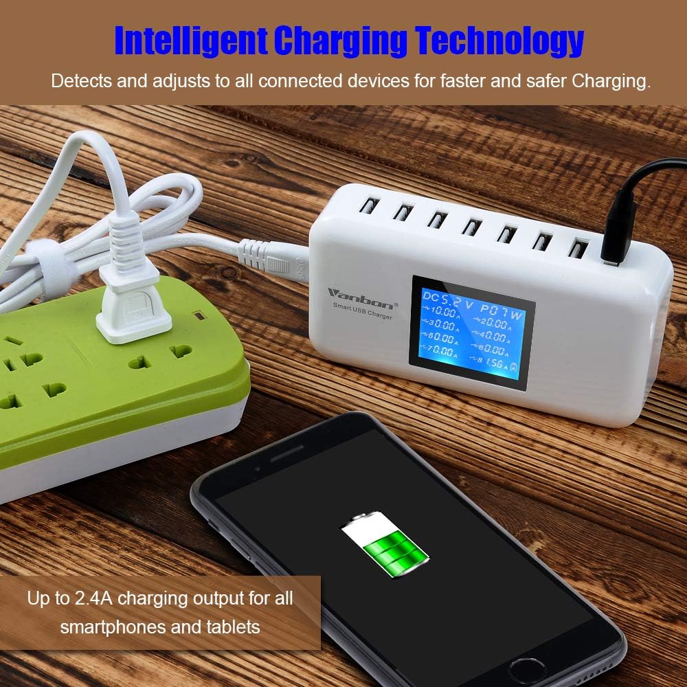 60W/12A 8-Port Desktop Charging Station Multiple USB, Multi Port Travel Fast Wall Charger Hub with LCD for Smart Phones, Tablet and More (White)