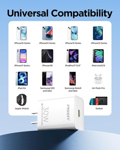 PISEN 30W USB C Charger - USB C Fast Charger Block, PD3.0 Wall Charger with 4FT Type C to L Cable, 30W Power Adapter for iPhone 16/15/14/13/12/11/XR/XS/X Series, iPad