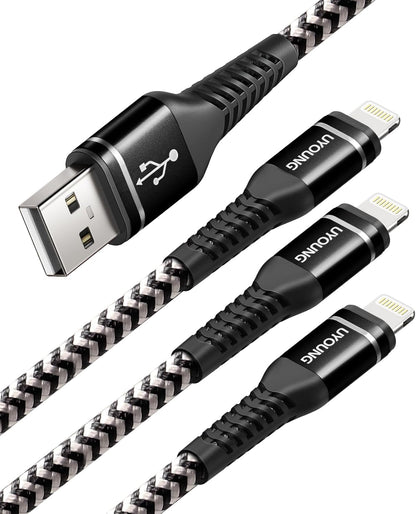 UYOUNG iPhone Charger Cable 3Pack 6FT [Apple MFi Certified] USB to Lightning Cable Nylon Braided Heavy Duty Fast Charging Cord Compatible with iPhone 14/13/12/11/SE/X/XS/XR/8/7/6/6S/iPad - Black