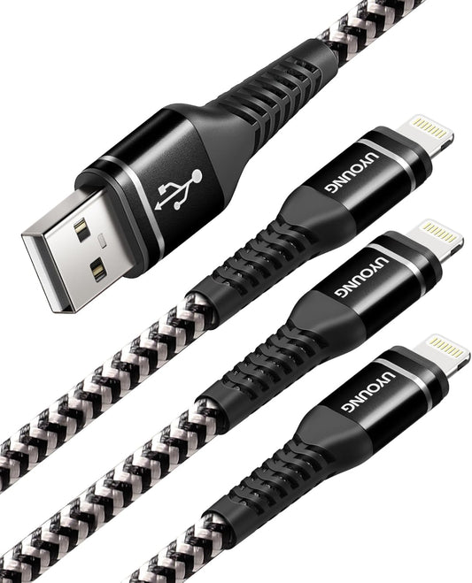 UYOUNG iPhone Charger Cable 3Pack 6FT [Apple MFi Certified] USB to Lightning Cable Nylon Braided Heavy Duty Fast Charging Cord Compatible with iPhone 14/13/12/11/SE/X/XS/XR/8/7/6/6S/iPad - Black