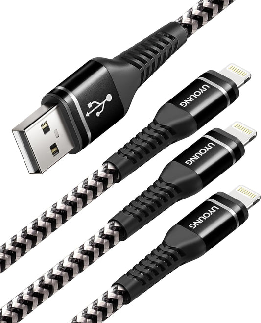 10 FT iPhone Charger Cable 3Pack [Apple MFi Certified] Long Durable Nylon Braided USB Lightning Fast Charging Cord Compatible with iPhone 14/13/12/11/X/XS/XR/SE/8/7/6/5/iPad Pro/Mini/Air(Black)