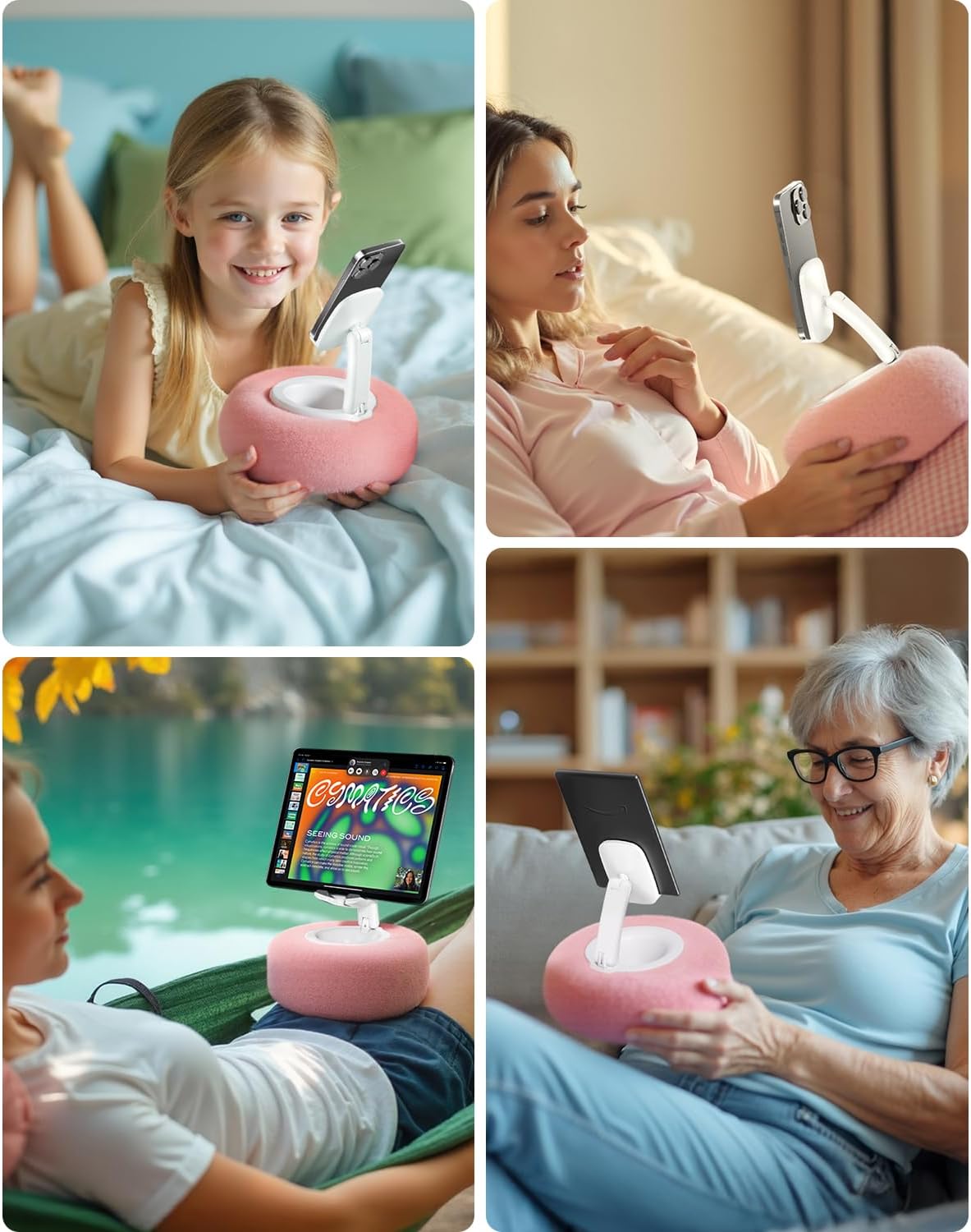 Phone Stand with Pillow, Adjustable iPhone Stand with Anti-Slip Strips, Fuzzy Tablet Holder– Compatible with 4"-7" Devices, Including iPhone, iPad, Kindle, and Android (Pink)