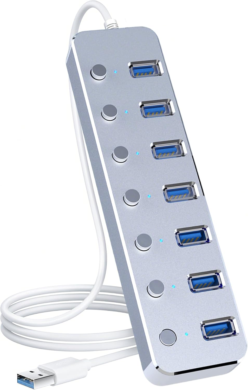 USB 3.0 Hub 7 Port USB Hub with 2ft Long Cable Aluminum USB Hub for Laptop and PC with Individual On/Off Switch and LED Indicator