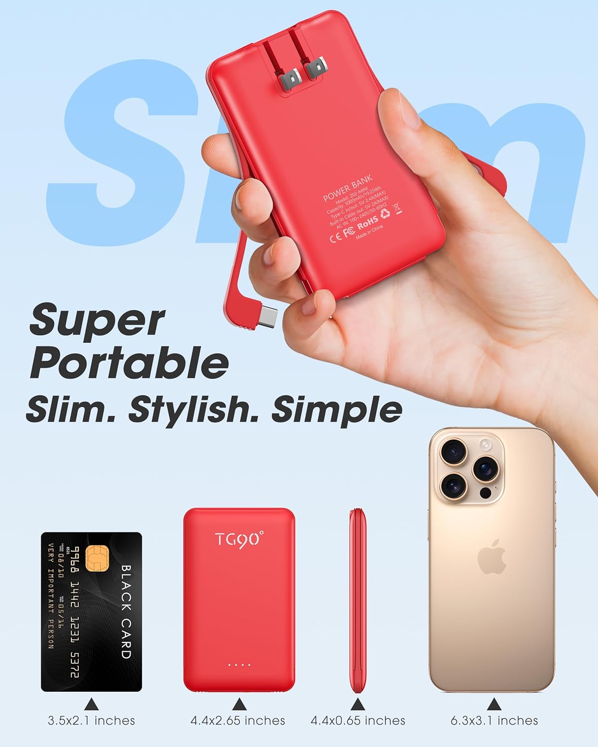 TG90° 5000mAh Ultra Slim Power Bank Built in Foldable AC Plug and Cables, Card Size Battery Pack Portable Charger for Phones, 4 in 1 External Battery Pack Compatible with iPhone, Samsung, Google