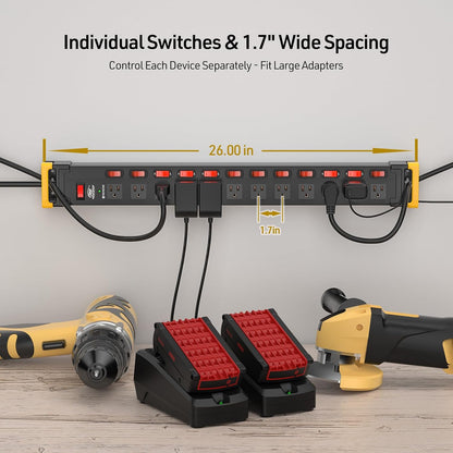 CRST Heavy Duty Metal Power Strip with Individual Switches, 12 Outlets Long Surge Protector Power Strip (1020J), 15A/1875W, 9FT Cord, Use for Garage Workshop Office School and Home...