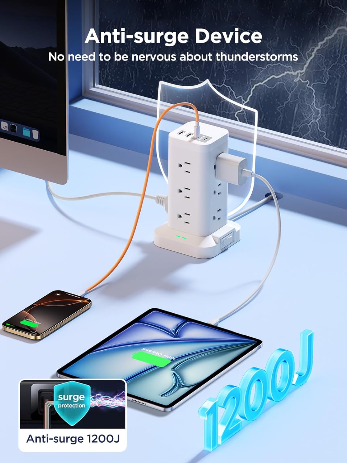 Surge Protector Power Strip, 6FT Flat Plug Extension Cord with 12 AC Outlets, 4 USB Charger(2 USB C Port), 1200 Joules Overload Protection, Desk Charging Station for Home Office, Dorm Room Essentials