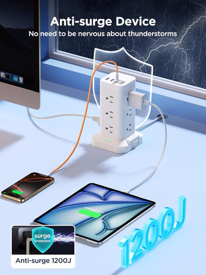 Surge Protector Power Strip, 6FT Flat Plug Extension Cord with 12 AC Outlets, 4 USB Charger(2 USB C Port), 1200 Joules Overload Protection, Desk Charging Station for Home Office, Dorm Room Essentials