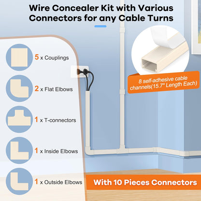 126in Cord Hider Kit, Wire Hiders for TV on Wall, Paintable Cable Management Kit, Wire Cover for Wall Mount TV, Hide Wires Along Wall, Beige Cord Cover Wall Wire Management, 8xL15.7in W0.95in H0.55in