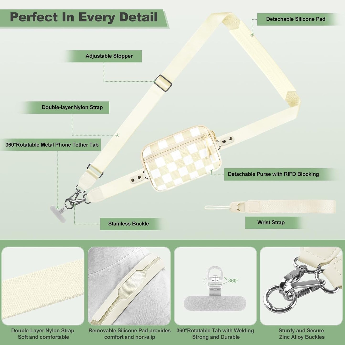 Clip and Go Strap for Phone with Wallet Crossbody, Adjustable Phone Lanyard with Detachable RFID Wristlet Wallet, Phone Strap with Phone Tabs for All Phones, Cream Checkered (M)