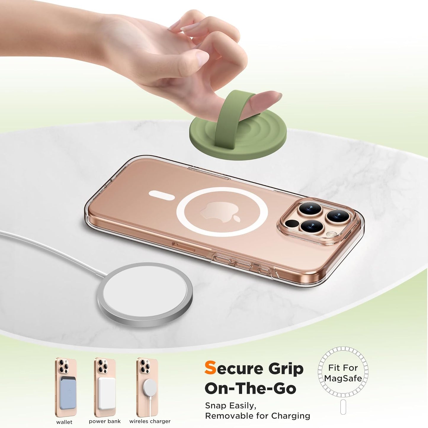 Magnetic Phone Ring Grip Holder, Silicone Finger Loop Grip, Compatible with MasSafe, Back of Phone for iPhone Pro Max/Plus/16/15/15/14/13/12 Series, Tea Green