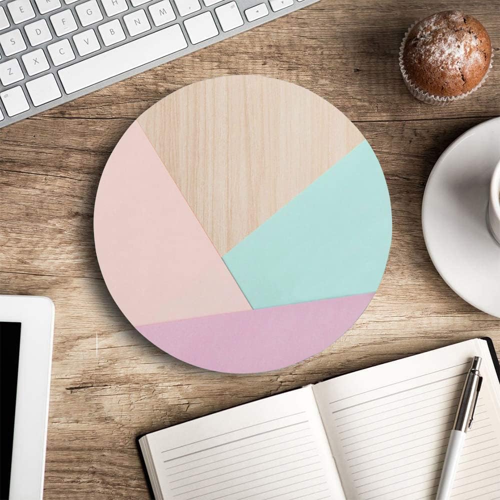 Round Mouse Pad, Wood Pink Green Purple Splice Mouse Pad, Washable Gaming Mousepads with Lycra Cloth, Non-Slip Rubber Base Computer Small Mouse Pads for Wireless Mouse
