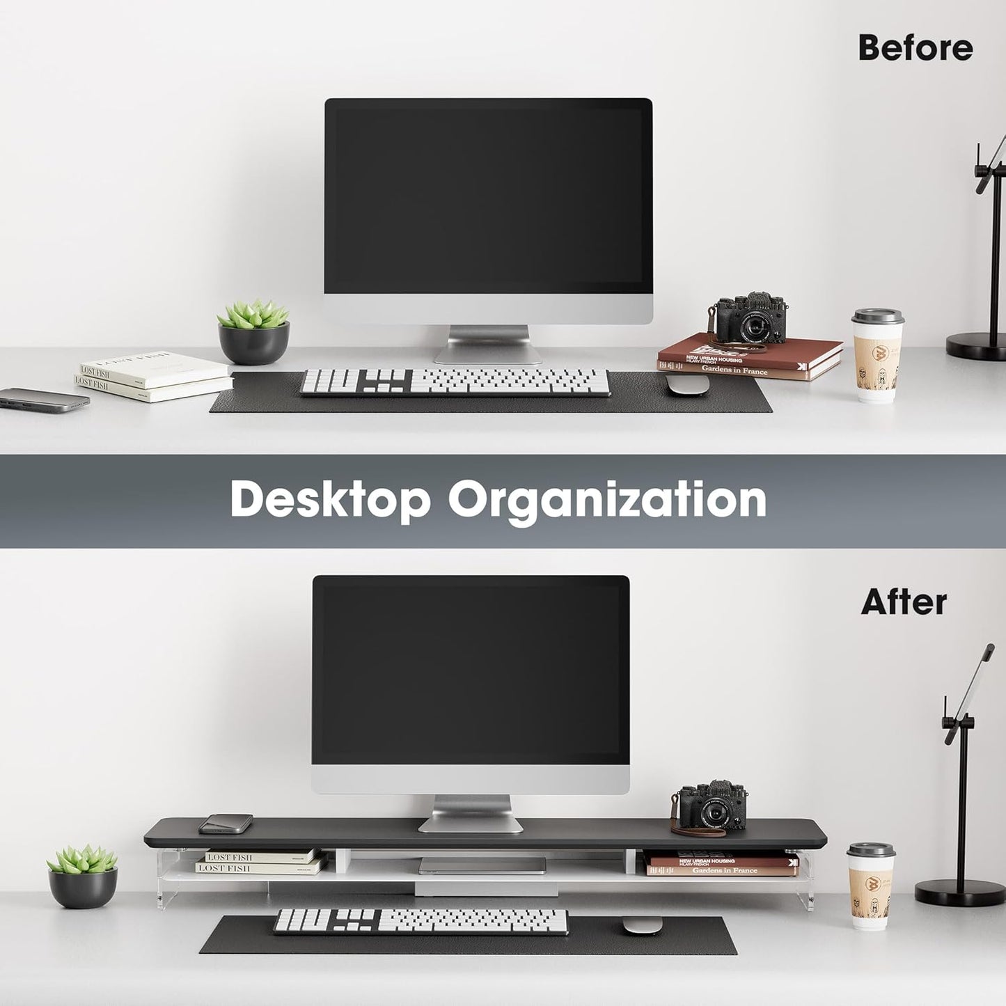 Fenge Acrylic Monitor Stand Riser, 42.5 Inches Dual Monitor Stand with Metal Storage, 2 Tier Acrylic Computer Riser for Desk, Clear Laptop Stand for PC, Laptop, Printer, TV, Black