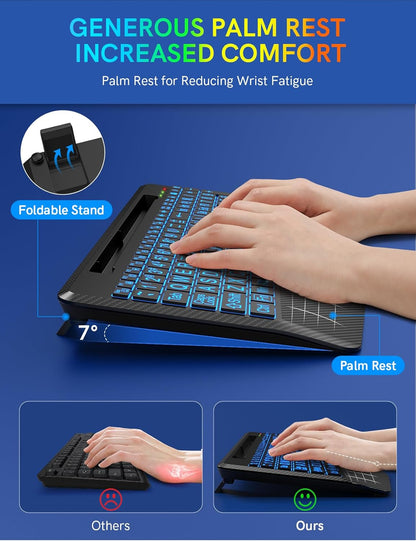 Wireless Keyboard with 7 Colored Backlits, Wrist Rest, Phone Holder, Rechargeable Ergonomic Computer Keyboard with Silent Keys, Full Size Lighted Keyboard for Windows, Mac, PC, Laptop (Large Print)