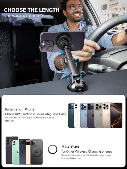 for Magnetic Magsafe Car Mount Charger, Wireless Car Charger with Fast Max 38W QC3.0Charging Adapter Retractable Phone Holder Fits iPhone16/15/14/13Plus/MagSafe Case,Dashboard/Vent/Windshield