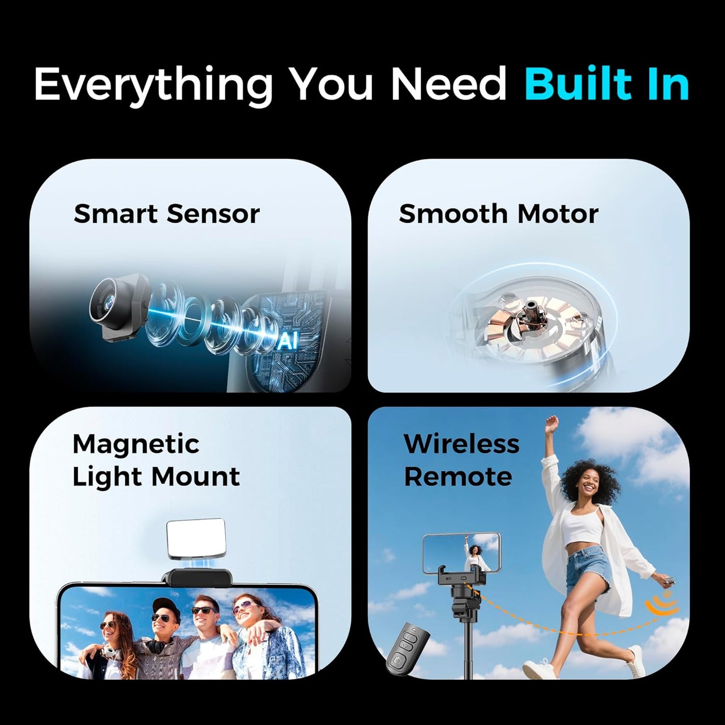 Auto Face Tracking Tripod & 360° Rotating Selfie Stick with Light, Smart AI Motion Sensor, Facial Recognition, 1-Axis Gimbal Stabilizer Phone Holder for iPhone/Android, TikTok Video Recording/Vlog