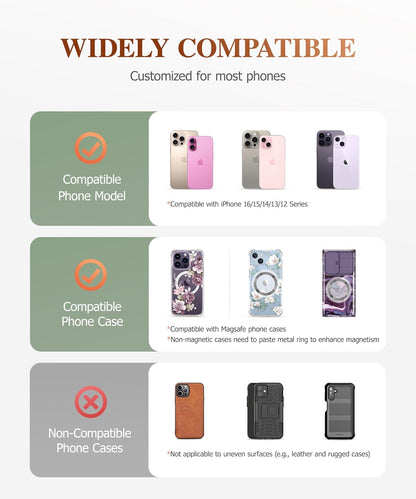 GVIEWIN Magnetic Phone Ring Holder, Compatible with MagSafe Phone Grip with Adjustable Stand, Magnet Phone Ring Kickstand for iPhone 16 Pro Max/Plus/15/14/13/12 Series/Other Phones, Glitter/Pink Gold