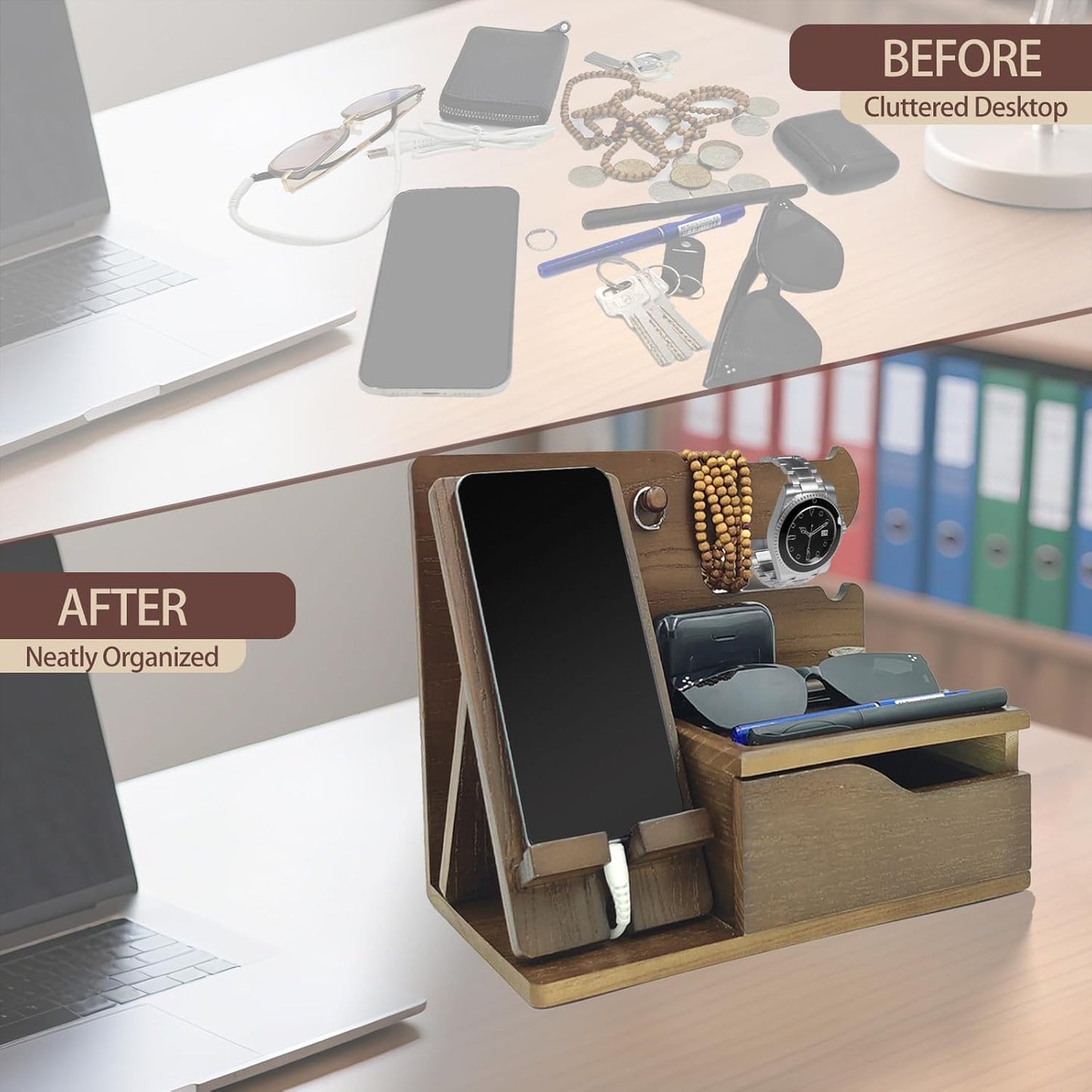 3-in-1 Wood Phone Docking Station Organizer with Drawer & Hidden Charging Hole for Phone, Keys, Glasses & Accessories, for Men (WALNUT, 01)