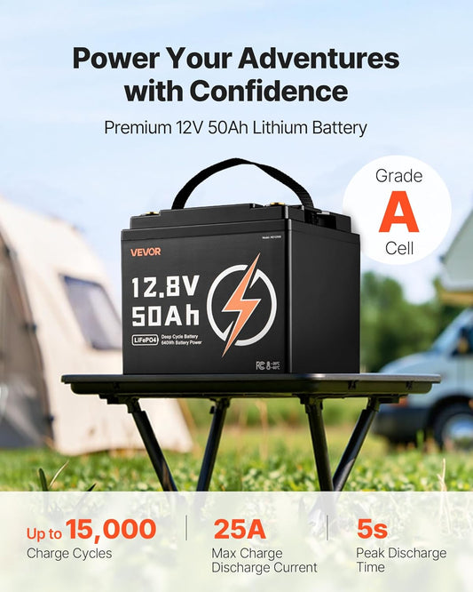 VEVOR 12V 50Ah LiFePO4 Battery, Up to 15000 Cycles, Deep Cycle Lithium Iron Phosphate Battery with Built-in BMS, Low Temperature Protection, 10 Years Lifetime, for Solar Off-Grid Home Energy Storage