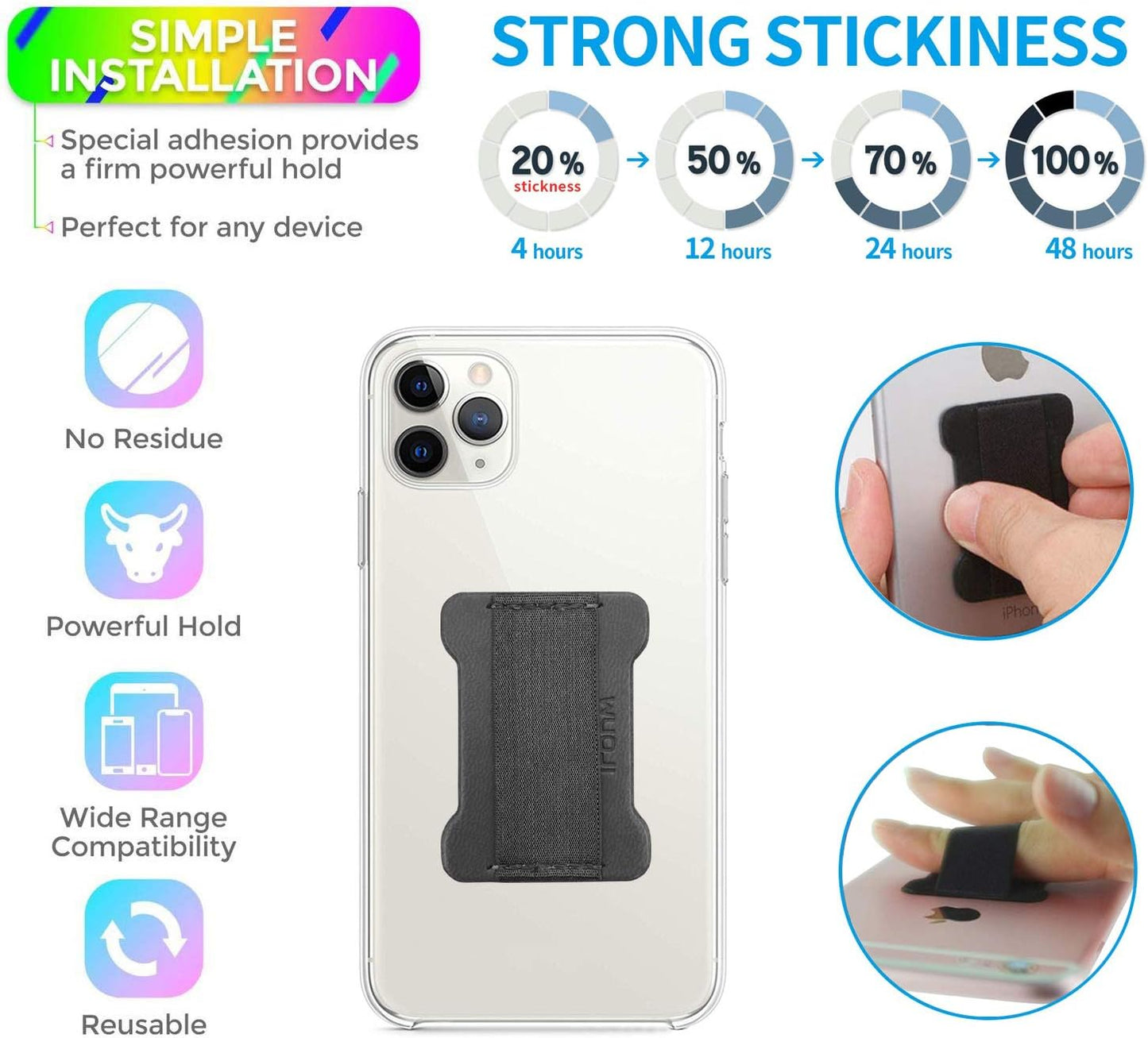 Universal Phone Grip for Smartphones - Phone Holder for Hand for Back of Phone - Wireless Charging Compatible (Gray) - 2Pack