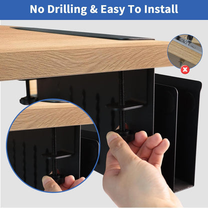 LUKETURE Laptop Holder, Steel Desk Side Storage, No Drill Standing Desk Accessories, Clamp on Laptop Mount with Pen Holder, Fits Flat Edge Tables 0.3" to 2.8" (Black, L(2 Tier))