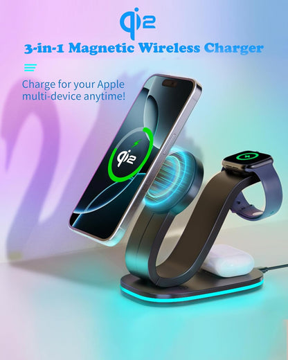3 in 1 Wireless Charging Station for Qi2 Apple Multiple Devices, 30W USB C Adapter&Light, Fast Magnetic Charger Stand Compatible with iPhone 16 15 14 Pro Max, Apple Watch Series 10 9 & Airpods 4 3 Pro