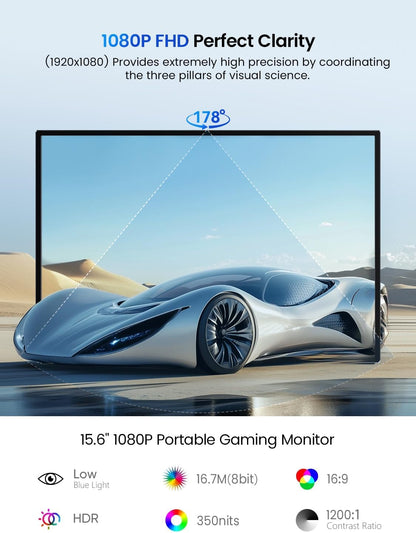UPERFECT Portable Monitor 15.6", 125% sRGB 1080P FHD Portable Screen Plug & Play, VESA & 180° Adjustable Stand 350Nits, USB-C HDMI Ultra-Slim Travel Monitor for Laptop, Phone, PC, Game Console