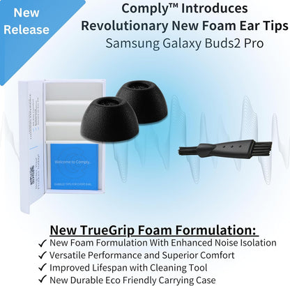 Comply TrueGrip | Premium Memory Foam Replacement Earbud Tips for Samsung Galaxy Buds2 Pro | Enhanced Comfort, Secure Fit, Superior Noise Isolation, Cleaning Tool | Black (S/M/L) (3 Pairs)