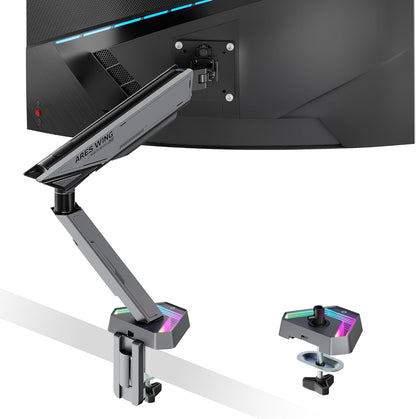 ARES WING RGB Single Monitor Arm Desk Mount for 17-45 inches Flat and Curved Monitors, Holds 35.2 lbs Heavy Duty, Adjustable Ultrawide Monitor Arm with Clamp & Grommet Base, 75/100 VESA Mount, Gray