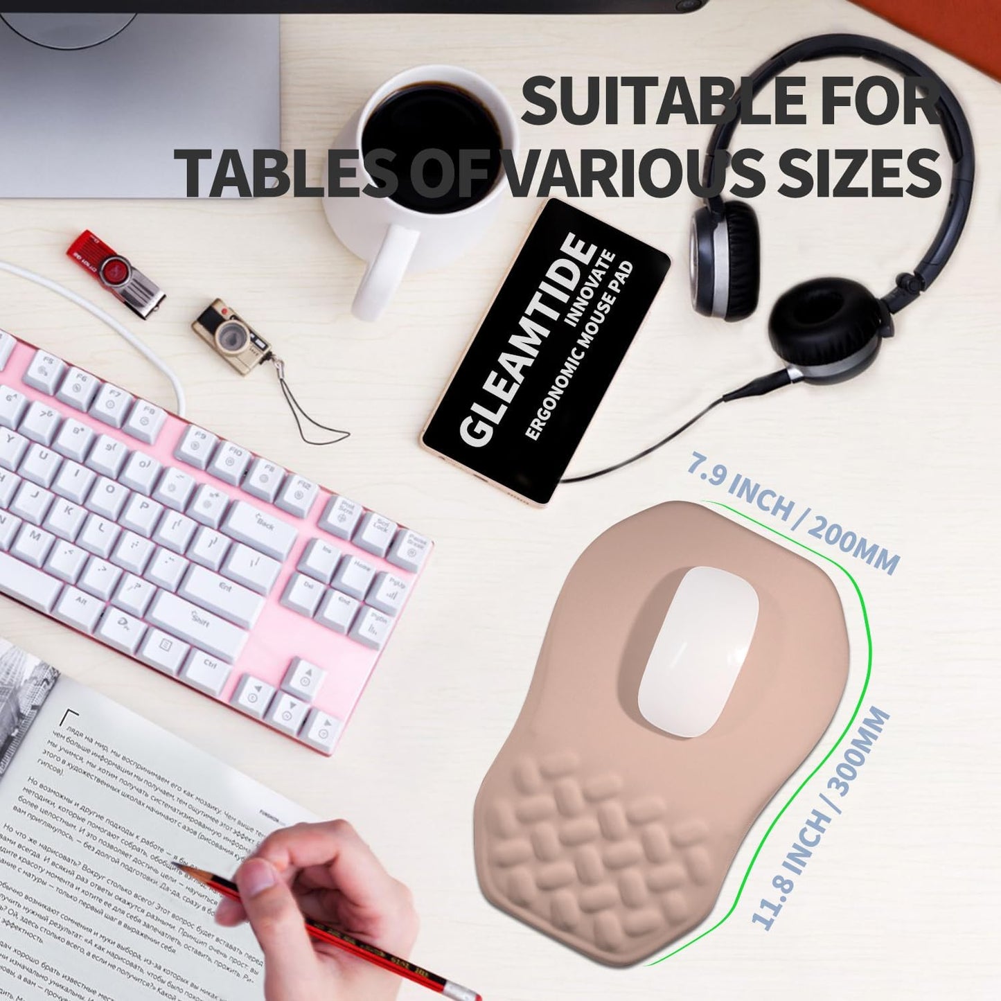 Ergonomic Raised Mouse Pad Wrist Support with Bilateral Slope Memory Foam Mousepad for Wrist Rest and Carpal Tunnel Pain Relief 11.8x7.9〃 Apricot Pink