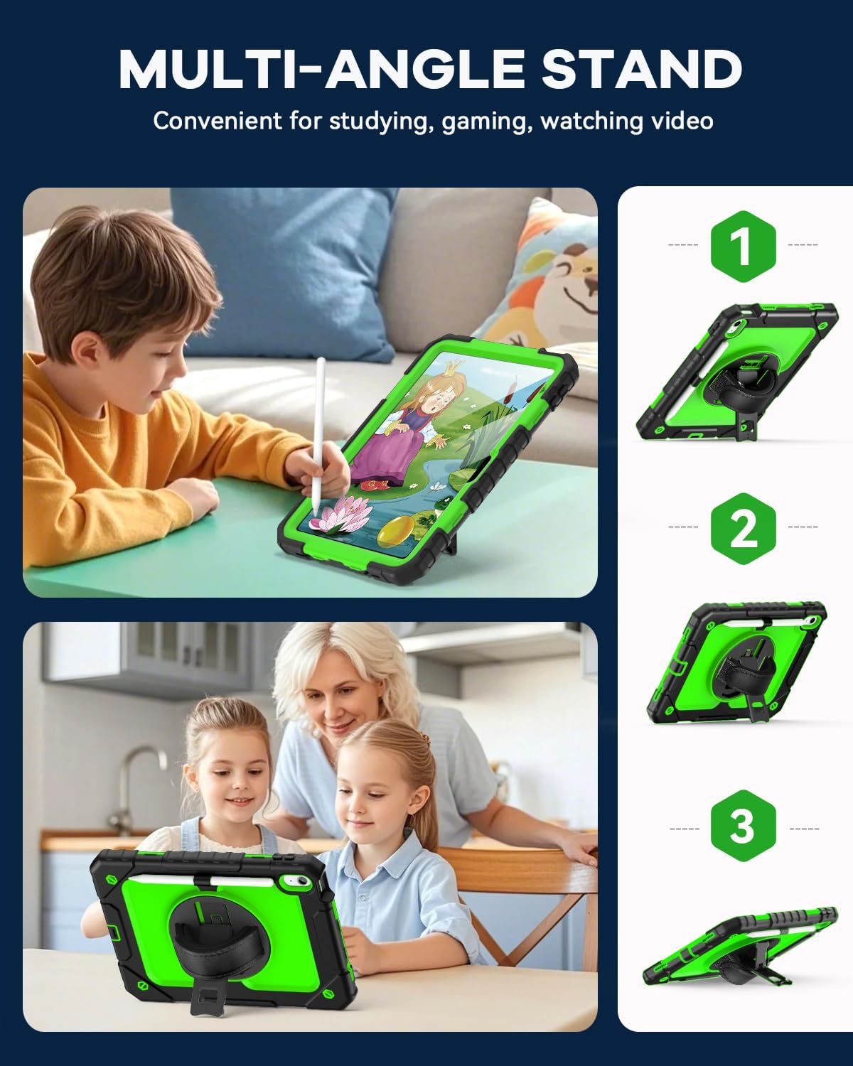 Cantis Case for iPad 11-inch (A16) 2025/ iPad 10th Generation 2022 (10.9 inch) with Screen Protector, iPad 11th Case with 360 Degree Rotating Stand/Shoulder Strap/Pencil Holder, Black+Green