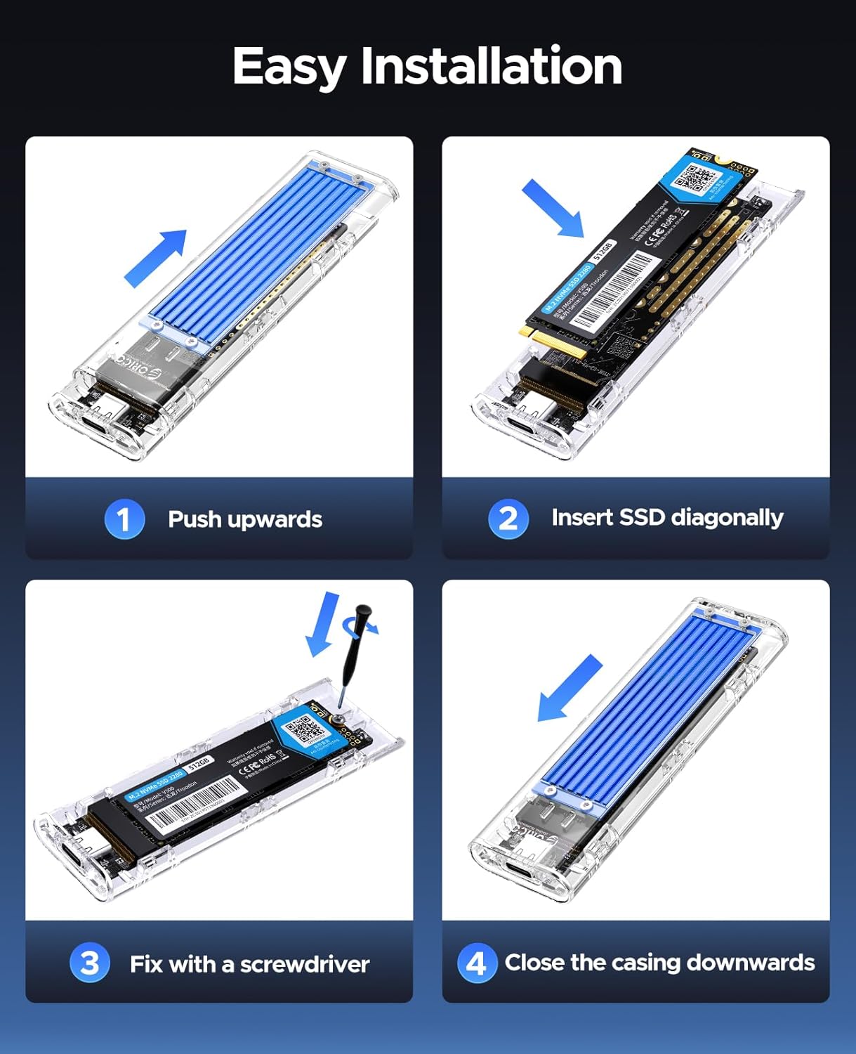 ORICO M.2 NVMe SSD Enclosure, USB 3.2 Gen 2 (10 Gbps), Transparent External Solid State Drive Adapter Enclosure for 2280 2260 2242 2230 PCI-E M2 M-Key SSD, USB Type C Converter Case-TCM2 Blue