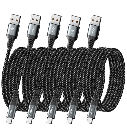 USB Type C Cable Fast Charging, 5 Pack[3/6/6/10/10FT] Braided C Charger Cables Compatible with iPhone 16/15, Samsung Galaxy S10 S9 S8 Plus, Note 10 9 8, LG V50 V40 G8 G7(Grey)