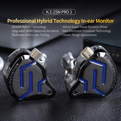 KZ ZSN Pro 2 in-Ear Monitors Headphones Metal Earphones 1BA+1DD Hybrid Technology HiFi Bass Clear Sound IEMs Noise Cancellation Earbuds Wired for Musicians Singer Audiophile(Black,with Mic)