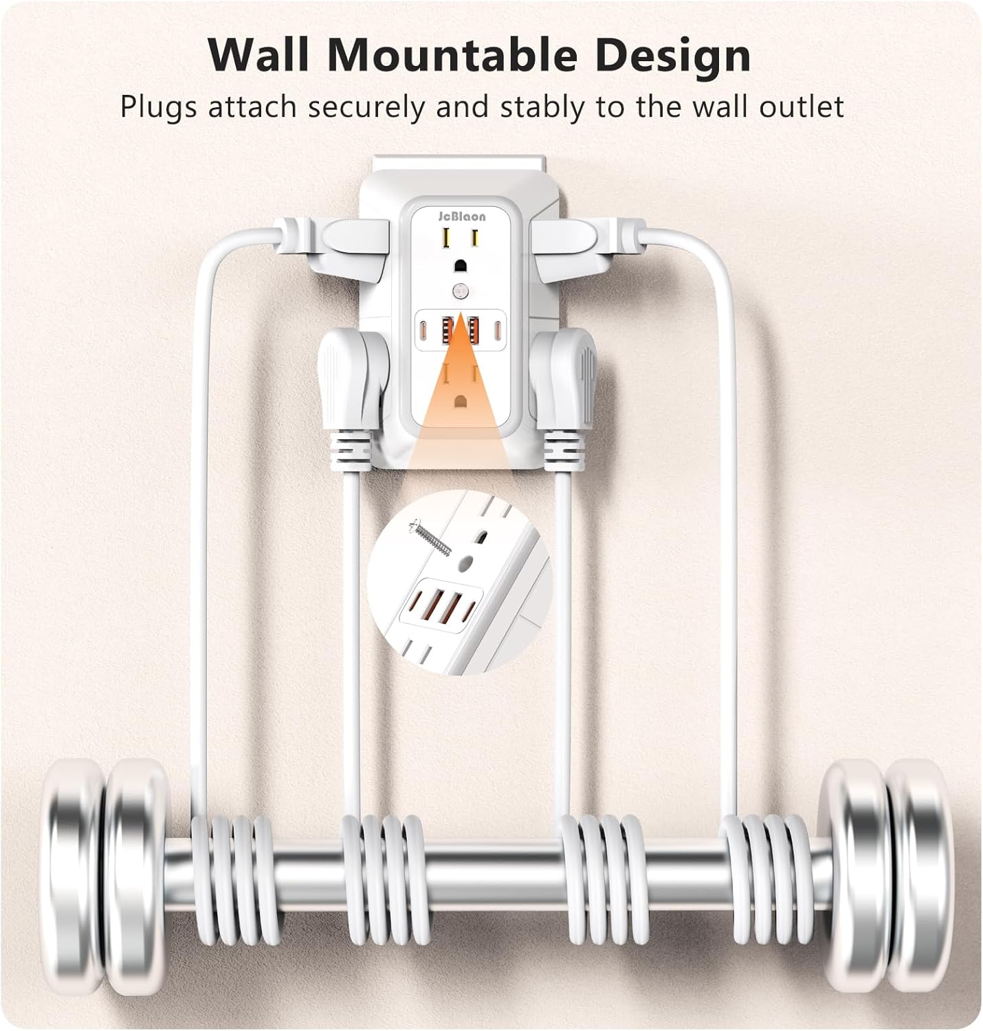 USB Wall Charger Power Strip Surge Protector with 4 USB Ports (2 USB C) Plug Extension Multiple Outlets Plug Extension Multi Outlet Plug in Adapter Spaced Outlets for Home Office Travel,White (White)