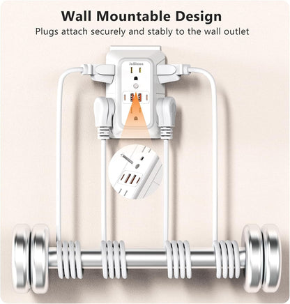 USB Wall Charger Power Strip Surge Protector with 4 USB Ports (2 USB C) Plug Extension Multiple Outlets Plug Extension Multi Outlet Plug in Adapter Spaced Outlets for Home Office Travel,White (White)