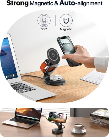 EXW Travel Charging Station for Magsafe Charger,Wireless Charging Station for Apple Multiple Devices,Magnetic Foldable Charger for iPhone 16-12 Series for Apple Watch & AirPods(30W Charger Included)