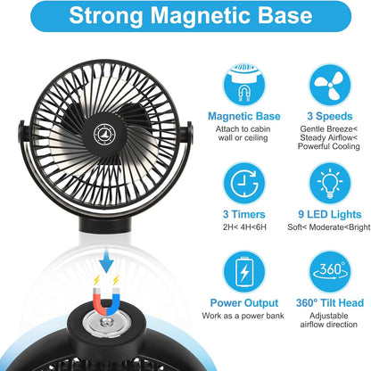 Magnetic Cruise Fan with 12000mAh Battery - Portable Cabin Air Circulator, 3-Speed LED Desk Fan with Timer, Power Bank & Ceiling/Wall Mount, Cruise Ship Approved for Travel (Black)