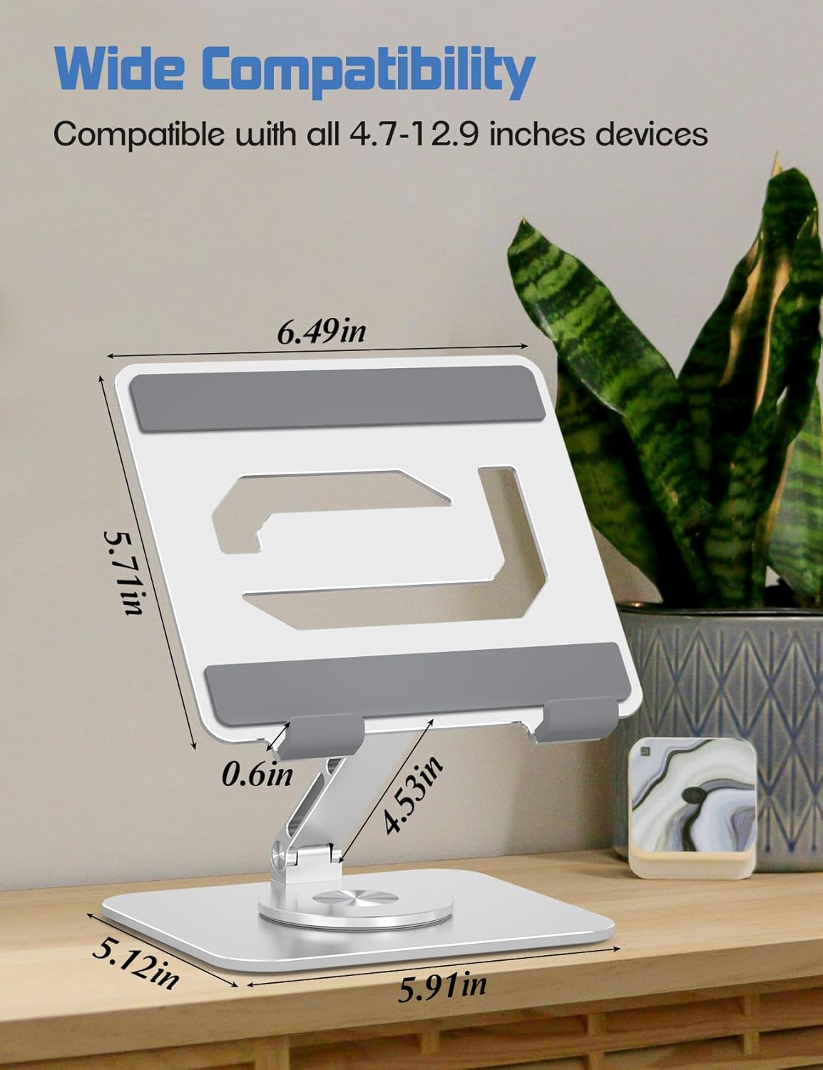 Tablet Stand Holder with 360°Rotating Base - Adjustable Aluminum Desktop Stand for iPad Holder for Desk Compatible with 4-13" Tablets, Silver