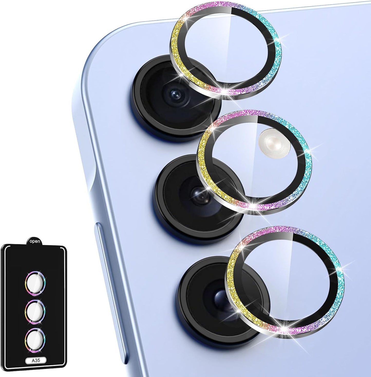 for Samsung Galaxy A35 5G Camera Lens Protector, Individual Metal Ring Tempered Glass Lens Cover, [Strong Adsorption] Scratch Resistant Ultra-Thin HD Clear Lens Cover, 1 Set-Colorful Sparkly