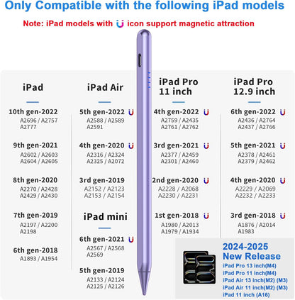 Stylus Pen for iPad 9th&10th - Fast Charge for iPad Pencil Palm Rejection Active Pen Compatible with (2018-2025) Apple iPad 6/7/8/9/10/11(A16), Pro 11"/12.9"/M4, Mini 5/6, Air 3/4/5/M2/M3 (Purple)